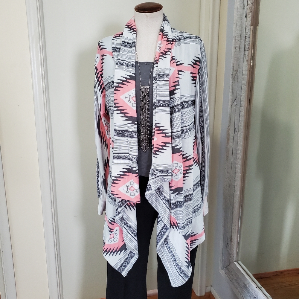 Southwest Print Open Waterfall Cardigan Gray White